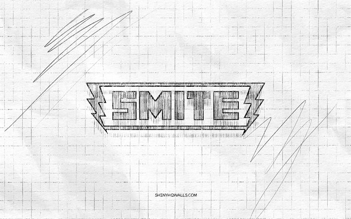 smite 스케치 로고, 4k, 체크 무늬 종이 배경, smite 블랙 로고, 게임 브랜드, 로고 스케치, 스마이트 로고, 연필 드로잉, 강타