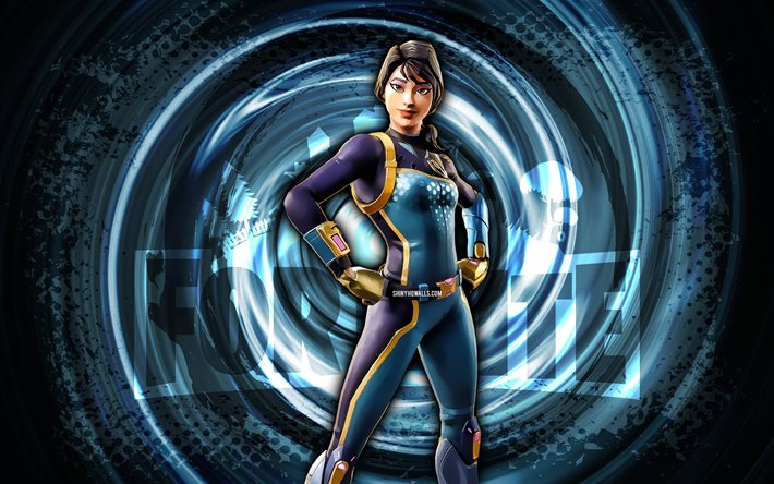 4k, ボルト, フォートナイト, 青いグランジ スパイラル背景, ボルトスキン, ボルトフォートナイトのキャラクター, ボルトフォートナイト, フォートナイトのキャラクター, グランジアート