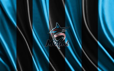 4k, Miami Marlins, MLB, blue black silk texture, Miami Marlins flag, American baseball team, baseball, silk flag, Miami Marlins emblem, USA, Miami Marlins badge