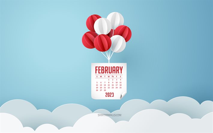 calendrier février 2023, 4k, ballons origami, ciel bleu, février, concepts 2023, éléments en papier, des nuages