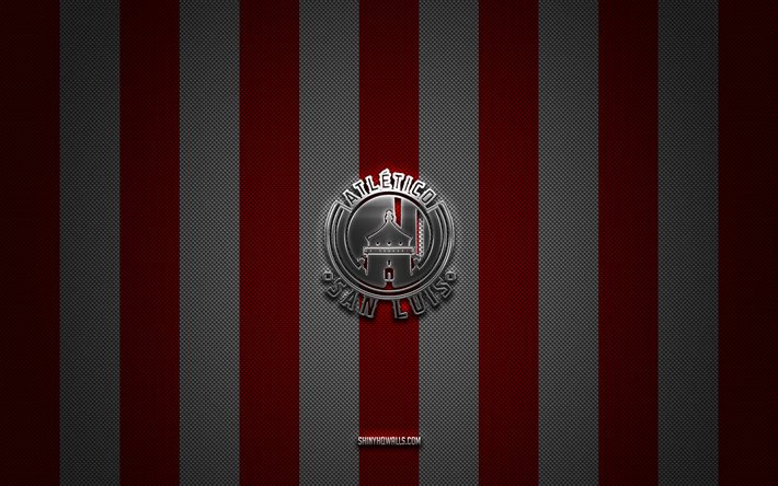 Atletico San Luis logo, Mexican football team, Liga MX, red white carbon background, Atletico San Luis emblem, football, Atletico San Luis, Mexico, Atletico San Luis silver metal logo