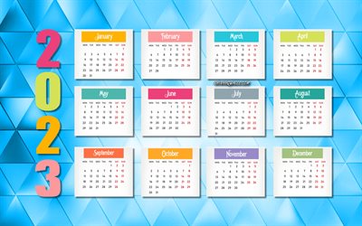 2023 blauer kalender, 4k, alle monate, kalender 2023, 2023 konzepte, 2023 abstrakter kalender, blauer abstrakter hintergrund, 2023 alle monate kalender, blaue abstrakte kunst