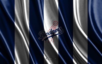 4k, ロサンゼルス・ドジャース, mlb, 青白絹のテクスチャ, ロサンゼルス・ドジャースの旗, アメリカの野球チーム, 野球, 絹の旗, ロサンゼルス・ドジャースのエンブレム, アメリカ合衆国, ロサンゼルス・ドジャースのバッジ