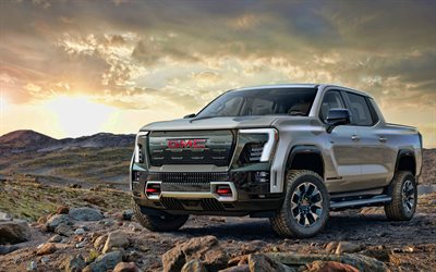 2024, GMC Sierra EV AT4, 4k, front view, exterior, evening, sunset, electric 2024 GMC Sierra AT4, gray GMC Sierra EV, american cars, GMC
