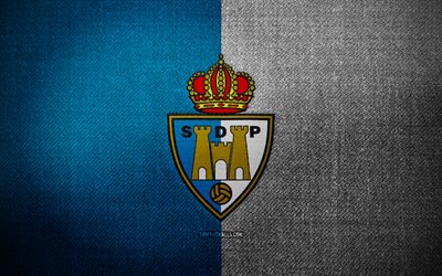 stemma sd ponferradina, 4k, sfondo blu tessuto bianco, la liga2, logo sd ponferradina, logo sportivo, bandiera sd ponferradina, squadra di calcio spagnola, sd ponferradina, la liga 2, calcio, ponferradina fc