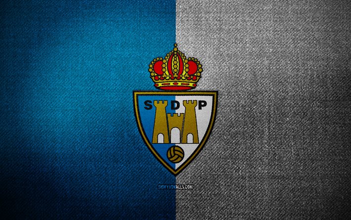stemma sd ponferradina, 4k, sfondo blu tessuto bianco, la liga2, logo sd ponferradina, logo sportivo, bandiera sd ponferradina, squadra di calcio spagnola, sd ponferradina, la liga 2, calcio, ponferradina fc