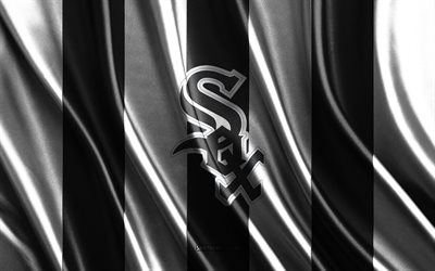4k, シカゴ・ホワイトソックス, mlb, ブラック ホワイト シルク テクスチャ, シカゴ・ホワイトソックスの旗, アメリカの野球チーム, 野球, 絹の旗, シカゴ・ホワイトソックスのエンブレム, アメリカ合衆国, シカゴ・ホワイトソックスのバッジ