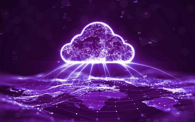 technologie cloud, 4k, stockage de données, l'internet, communication, nuage de données, la technologie internet, néon violet, créatif