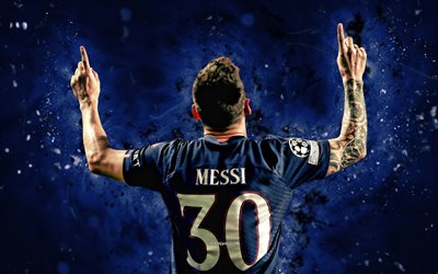 4k, Lionel Messi, back view, blue neon lights, PSG, Ligue 1, soccer, Paris Saint-Germain FC, Lionel Messi 4K, argentine football players, Leo Messi, Paris Saint-Germain, football, Lionel Messi PSG