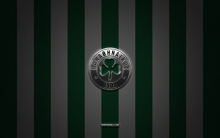 logo du panathinaïkos fc, équipe grecque de football, super league grèce, fond de carbone blanc vert, emblème du panathinaikos fc, football, panathinaïkos fc, grèce, logo en métal du panathinaïkos fc