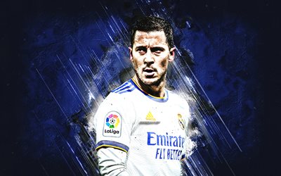 Eden Hazard, portrait, Real Madrid, Belgian football player, attacking midfielder, blue stone background, La Liga, Spain