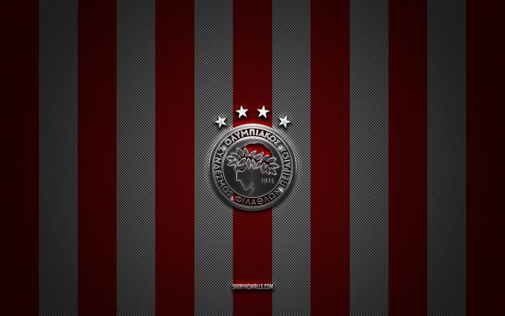 Olympiacos FC logo, Greek football team, Super League Greece, red white carbon background, Olympiacos FC emblem, football, Olympiacos FC, Greece, Olympiacos FC metal logo, Olympiacos Piraeus