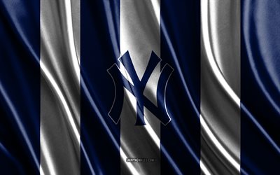 4k, New York Yankees, MLB, blue white silk texture, New York Yankees flag, American baseball team, baseball, silk flag, New York Yankees emblem, USA, New York Yankees badge