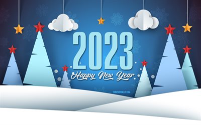 bonne année 2023, 4k, paysage d'hiver, concepts 2023, fond d'origami d'hiver, carte de voeux 2023, fond d'hiver 2023