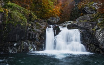 滝, 湖, 秋, 森林, 黄色い木, 美しい滝, 秋の風景, 岩, アメリカ合衆国