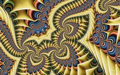 fondos de fractales amarillos, 4k, arte abstracto, creativo, fondos amarillos, arte fractal, fondos abstractos, patrón caótico abstracto, patrón de fractales florales, fractales