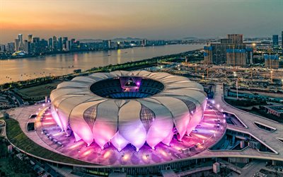4k, centro sportivo olimpico di hangzhou, vista aerea, sera, tramonto, complesso sportivo, panorama di hangzhou, paesaggio urbano di hangzhou, stadio di calcio, hangzhou, provincia di zhejiang, cina