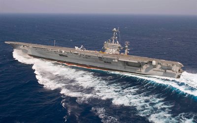 USS Harry S Truman, CVN-75, US nuclear-powered aircraft carrier, US Navy, aircraft carrier turning, CVN-75 in the ocean, warships, USA