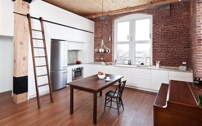 design d interni moderno, cucina, stile loft, muro di mattoni rossi, cucina in stile loft, progetto cucina, mobili da cucina bianchi, idea cucina