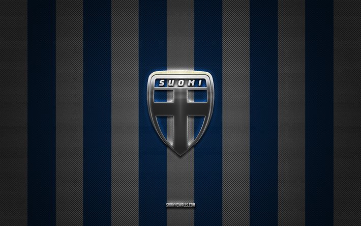 logo der finnischen fußballnationalmannschaft, uefa, europa, blau-weißer karbonhintergrund, emblem der finnischen fußballnationalmannschaft, fußball, finnische fußballnationalmannschaft, finnland