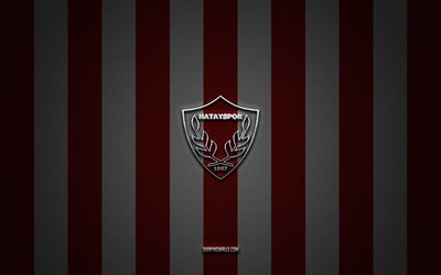 logo hatayspor, clubs de football turcs, super lig, fond de carbone blanc rouge, emblème hatayspor, football, logo en métal argenté hatayspor, hatayspor fc