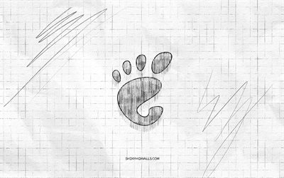 logo di schizzo di gnome, 4k, sfondo di carta a scacchi, linux, logo nero di gnome, marchi, schizzi di logo, logo di gnome, disegno a matita, gnome
