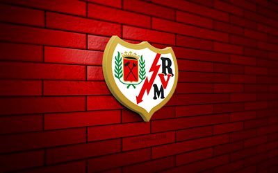 logo rayo vallecano 3d, 4k, muro di mattoni rossi, laliga, calcio, squadra di calcio spagnola, logo rayo vallecano, rayo vallecano, logo sportivo, rayo vallecano fc