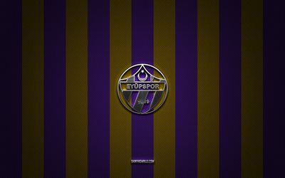 eyupspor logotipo, turco clubes de futebol, tff first league, violeta amarelo carbono de fundo, 1 lig, eyupspor emblema, futebol, eyupspor prata logotipo do metal, eyupspor fc