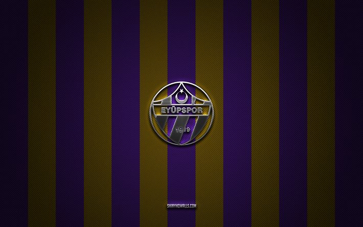 logo eyupspor, clubs de football turcs, tff first league, fond carbone jaune violet, 1 lig, emblème eyupspor, football, logo en métal argenté eyupspor, eyupspor fc