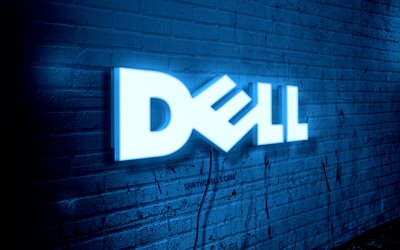 Dell neon logo, 4k, blue brickwall, grunge art, creative, logo on wire, Dell white logo, Dell logo, artwork, Dell