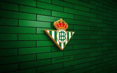 logotipo del real betis en 3d, 4k, pared de ladrillo verde, laliga, fútbol, club de fútbol español, logotipo del real betis, real betis balompié, real betis, logotipo deportivo, real betis fc