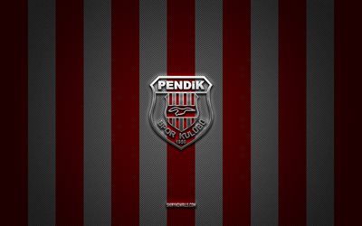 Pendikspor logo, turkish football clubs, TFF First League, red white carbon background, 1 Lig, Pendikspor emblem, football, Pendikspor silver metal logo, soccer, Pendikspor FC