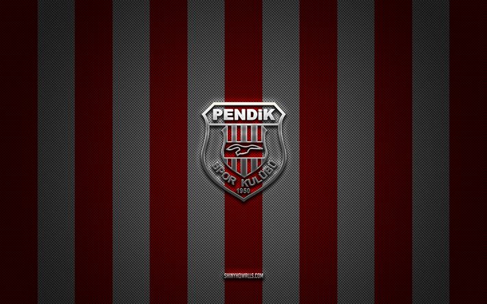 شعار pendikspor, أندية كرة القدم التركية, tff first league, أحمر أبيض الكربون الخلفية, 1 دوري, كرة القدم, شعار pendikspor المعدني الفضي, pendikspor fc