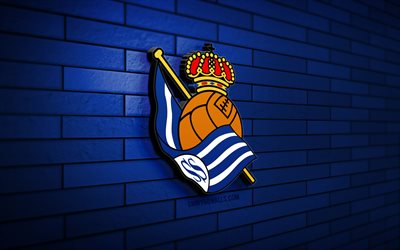 logo real sociedad 3d, 4k, muro di mattoni blu, laliga, calcio, squadra di calcio spagnola, logo real sociedad, real sociedad, logo sportivo, real sociedad fc