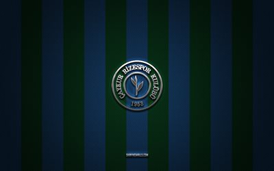 Rizespor logo, turkish football clubs, TFF First League, green blue carbon background, 1 Lig, Rizespor emblem, football, Rizespor silver metal logo, soccer, Rizespor FC