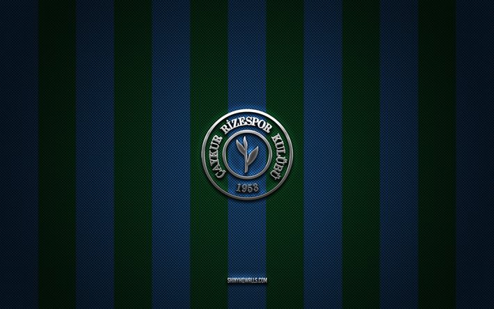 rizespor logotipo, turco clubes de futebol, tff first league, verde azul carbono de fundo, 1 lig, rizespor emblema, futebol, rizespor prata logotipo do metal, rizespor fc