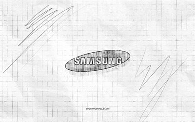 logotipo de boceto de samsung, 4k, fondo de papel a cuadros, logotipo negro de samsung, marcas, bocetos del logotipo, logotipo de samsung, dibujo a lápiz, samsung