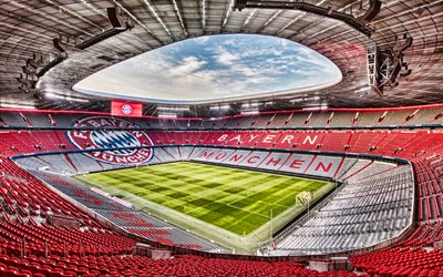 4k, Allianz Arena, Bavaria Munich Stadium, inside view, red stands, soccer field, football stadium, FC Bayern Munich, Bundesliga, Munich, Germany, football