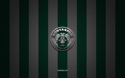 logo konyaspor, squadre di calcio turche, super lig, sfondo verde carbone bianco, emblema konyaspor, calcio, logo in metallo argento konyaspor, konyaspor fc