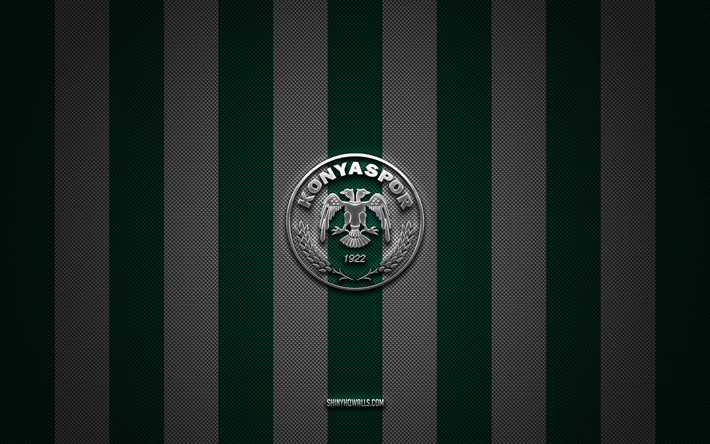 Konyaspor logo, turkish football clubs, Super Lig, green white carbon background, Konyaspor emblem, football, Konyaspor silver metal logo, soccer, Konyaspor FC