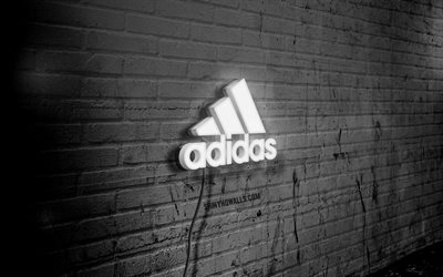 adidas neon logo, 4k, siyah brickwall, grunge sanat, yaratıcı, moda markaları, tel üzerinde logo, adidas beyaz logo, adidas logo, sanat eseri, adidas