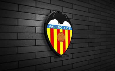 valencia cf logo 3d, 4k, muro di mattoni nero, laliga, calcio, squadra di calcio spagnola, logo valencia cf, valencia cf, logo sportivo, valencia fc