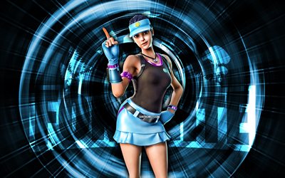 volley girl, 4k, sfondo blu astratto, fortnite, raggi astratti, volley girl skin, fortnite volley girl skin, personaggi fortnite, volley girl fortnite