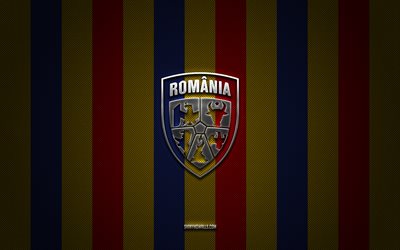 logo de l équipe nationale de football de roumanie, uefa, europe, fond rouge bleu jaune carbone, emblème de l équipe nationale de football de roumanie, football, équipe nationale de football de roumanie, roumanie