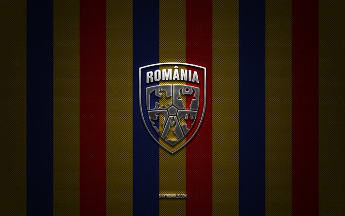 logo der rumänischen fußballnationalmannschaft, uefa, europa, roter blauer gelber kohlenstoffhintergrund, emblem der rumänischen fußballnationalmannschaft, fußball, rumänische fußballnationalmannschaft, rumänien