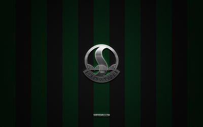 Sakaryaspor logo, turkish football clubs, TFF First League, green black carbon background, 1 Lig, Sakaryaspor emblem, football, Sakaryaspor silver metal logo, soccer, Sakaryaspor FC