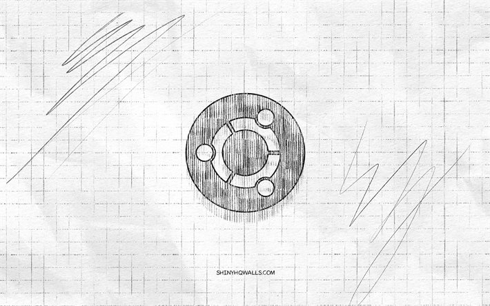 logo de croquis ubuntu, 4k, fond de papier à carreaux, linux, logo noir ubuntu, marques, croquis de logo, logo ubuntu, dessin au crayon, ubuntu
