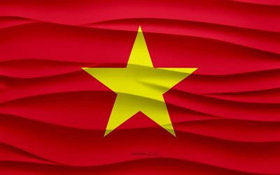4k, 베트남의 국기, 3d 파도 석고 배경, 베트남 국기, 3d 파도 텍스처, 베트남 국가 상징, 베트남의 날, 아시아 국가, 3차원, 베트남, 깃발, 아시아