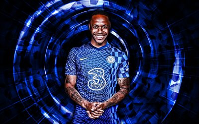 Raheem Sterling, 4k, Chelsea FC, blue abstract background, Premier League, soccer, english footballers, Raheem Sterling 4K, abstract rays, football, Raheem Sterling Chelsea