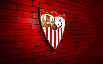 セビージャ fc の 3d ロゴ, 4k, 赤レンガの壁, ラ・リーガ, サッカー, スペインのサッカークラブ, セビージャ fc のロゴ, フットボール, セビリア, スポーツのロゴ, セビージャfc
